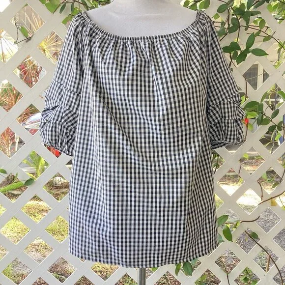 Song Of Style Gingham Top Black White Check Puff Sleeves Boho Cottagecore XL - Picture 1 of 10